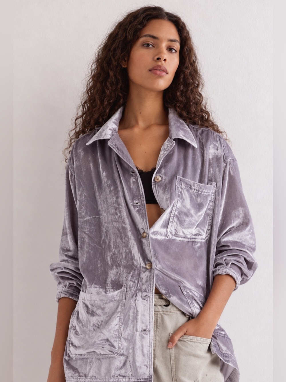 We The Free Off Duty Velvet Shirt in Silver Gray